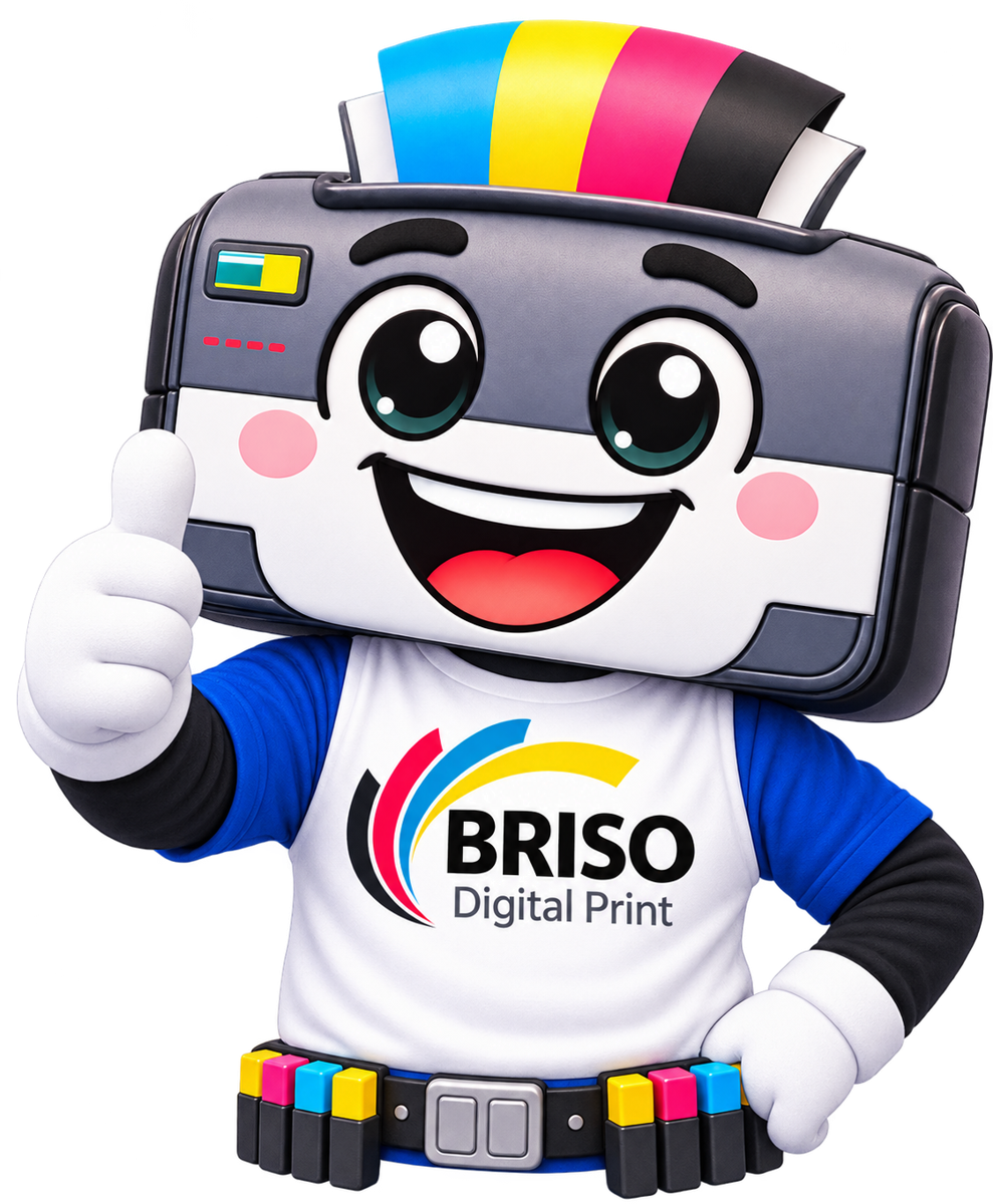 La mascota Briso sonríe y levanta el pulgar frente a un aro luminoso de colores
